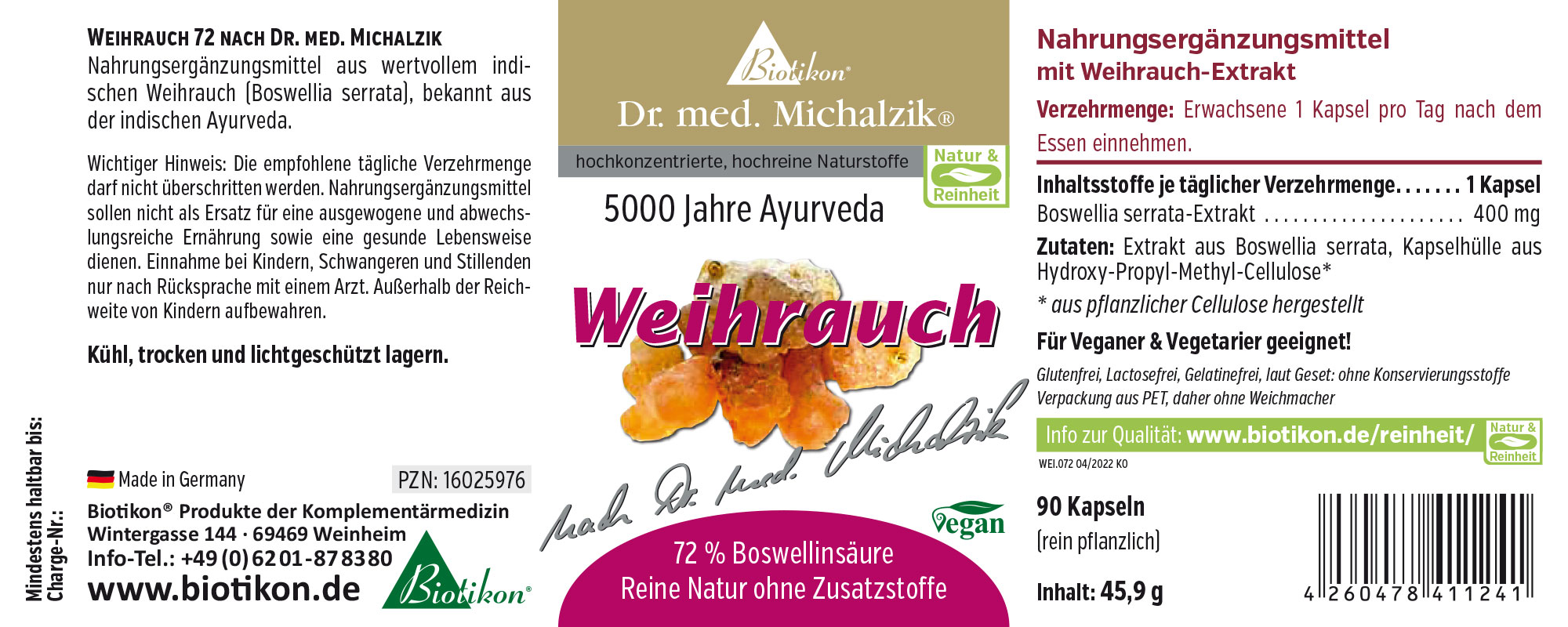Nahrungsergänzungsmittel mit Weihrauch-Extrakt, 90 Kapseln, verpackt in einer PET-Dose, vegan, rein pflanzlich.