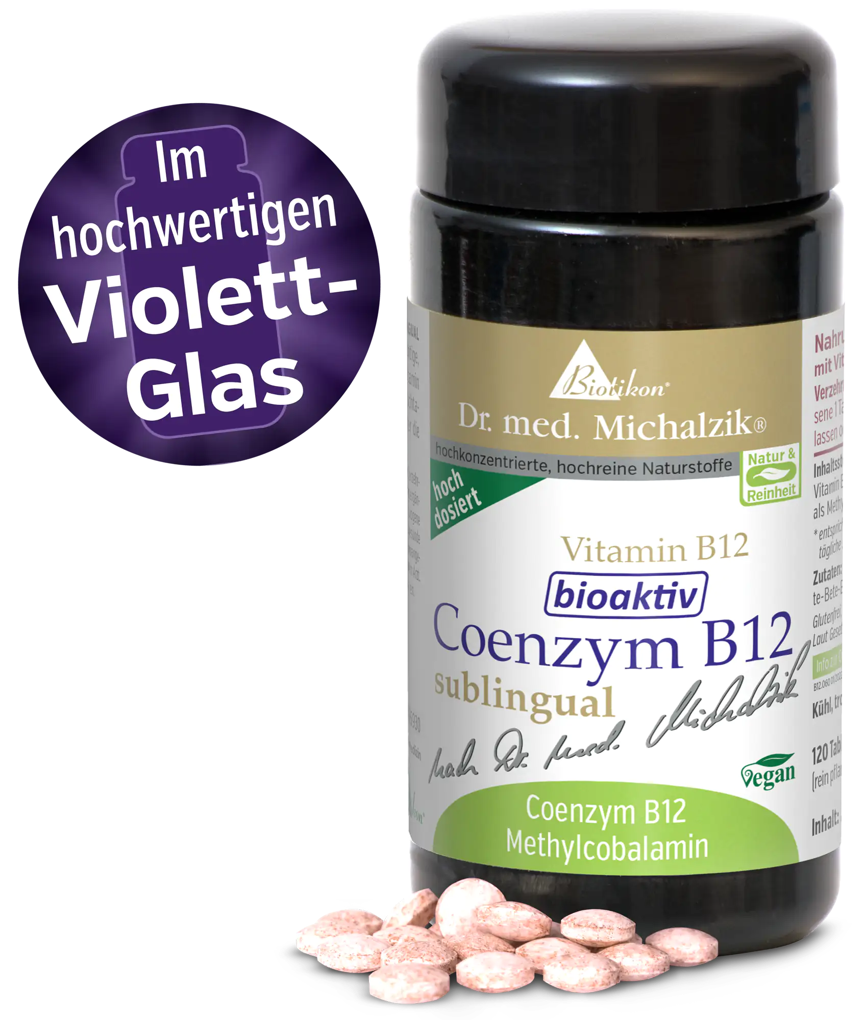 Bioaktives Coenzym B12 in hochdosierter Form, 120 Sublingual-Tabletten, violette Glasverpackung, weiße und rosa Tabletten.