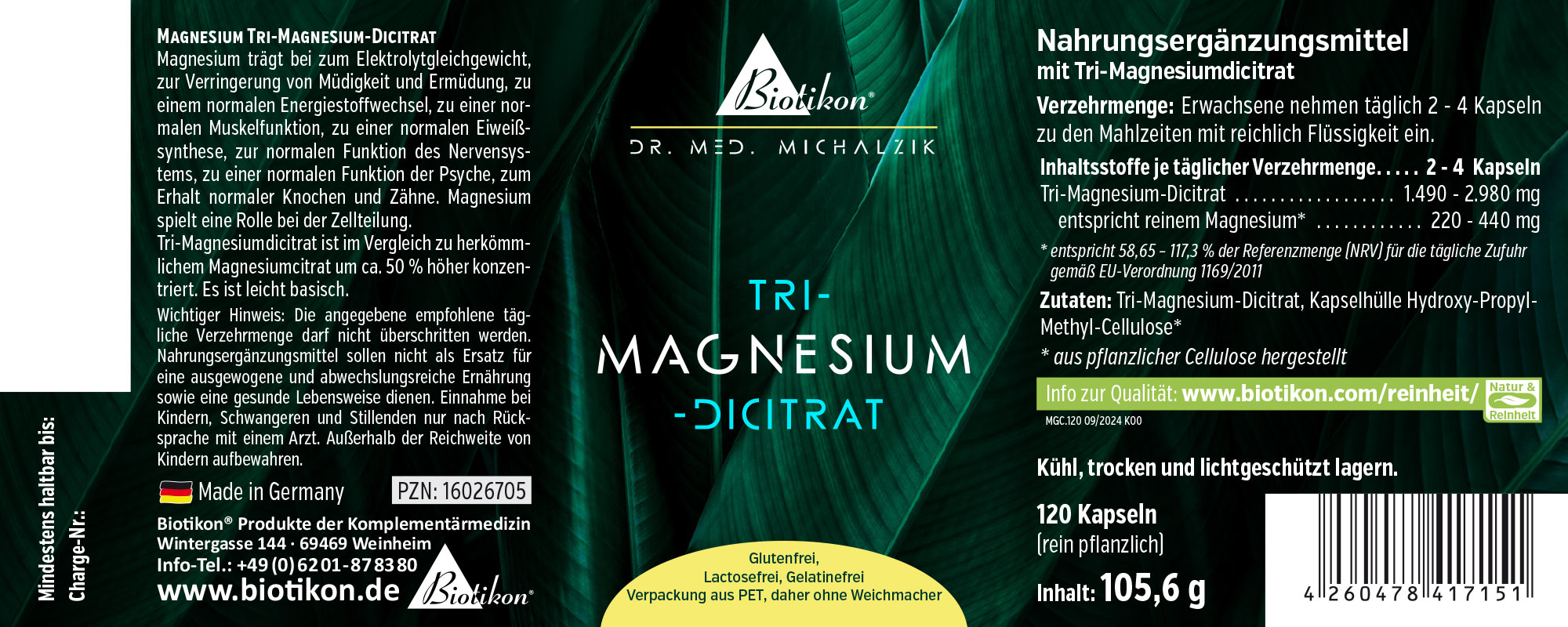 Magnesium Tri-Magnesium-Dicitrat in PET-Verpackung, 120 Kapseln, grüne Etikettierung, Vorderansicht