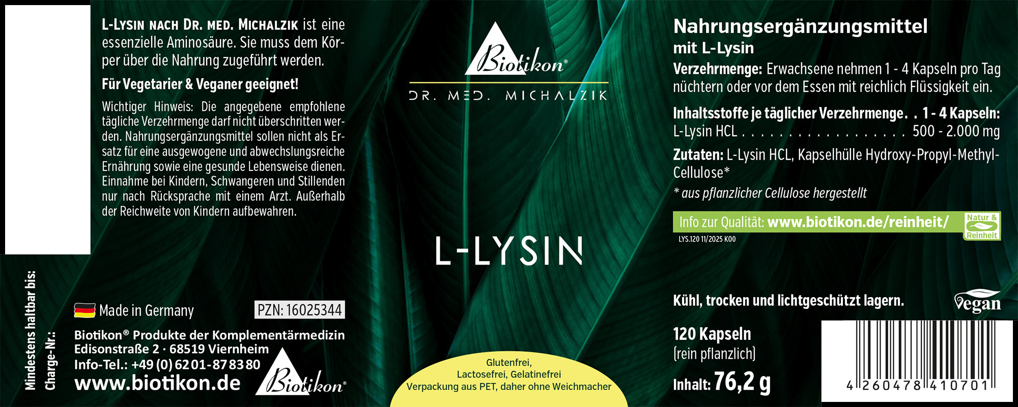 Nahrungsergänzungsmittel L-Lysin in Kapseln, vegan, 120 Stück, Verpackung in grün und weiß.