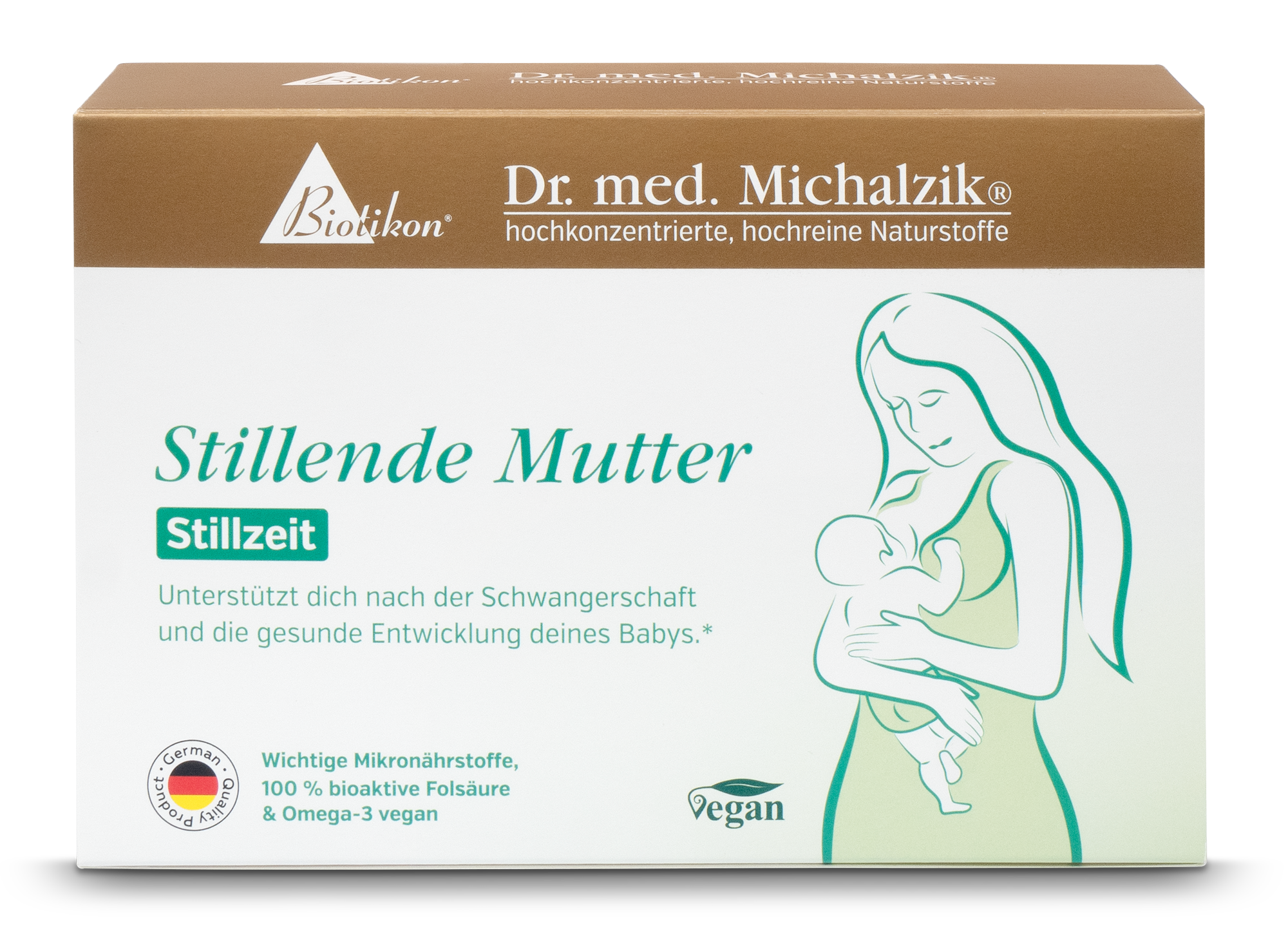 Verpackung für Stillende Mutter, 30 vegane Kapseln, grün-weiße Box, Vorderansicht.