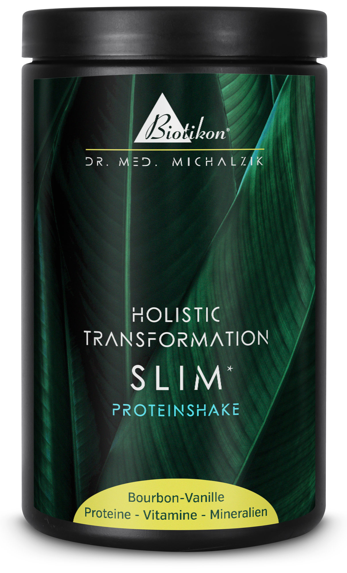 Slim Shake – Protein-Drink Bourbon-Vanille Schwarzer Behälter mit Slim Shake, Bourbon-Vanille Geschmack, Protein, Vitamin und Mineralien, seitliche Perspektive.