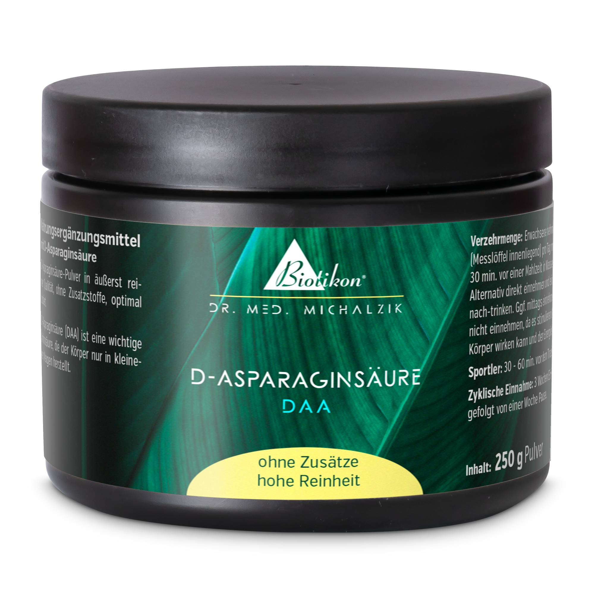 D-Aspartinsäure Pulver in schwarzer Dose, 250 g, seitliche Ansicht, hohe Reinheit, ohne Zusätze.