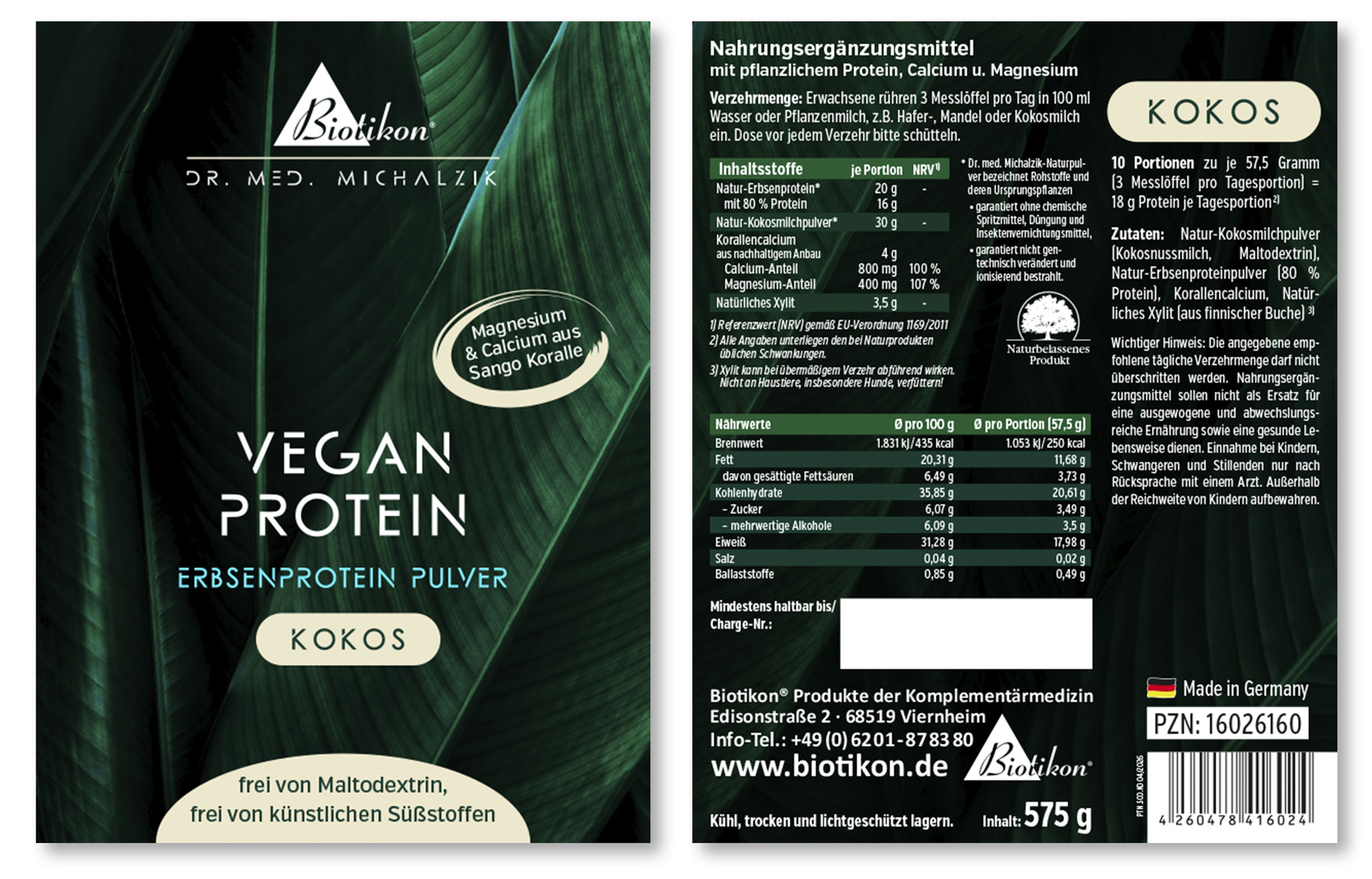 Pflanzenprotein-Pulver in einer weißen Verpackung, 575 g, mit Kokosgeschmack, sichtbar sind Nährwerte und Zutaten.