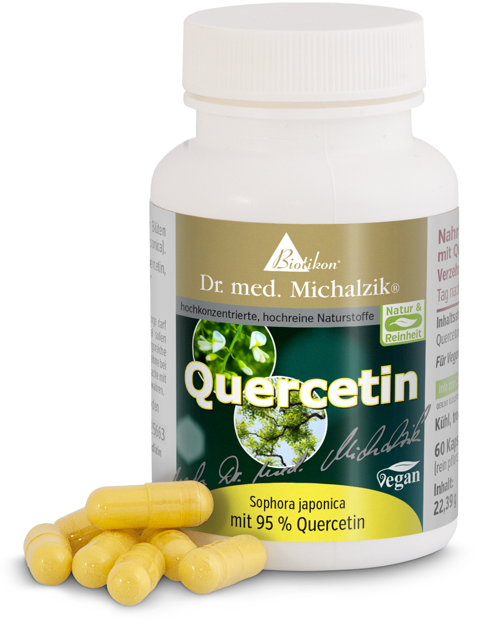Quercetin 95 % – Kapseln Vitaminpräparat Quercetin in Kapseln, 60 Stück, gelbe Kapseln, Ansicht der Flasche und Kapseln.