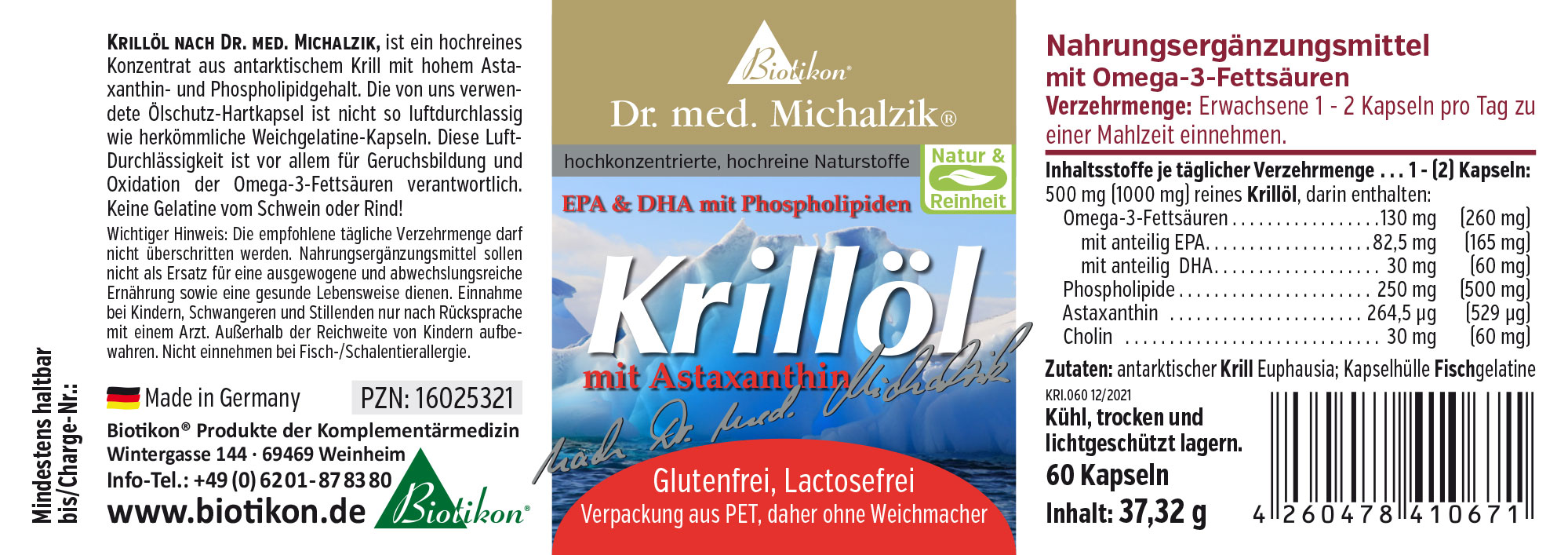 Krillöl in luftdichten Kapseln, 60 Stück, für Erwachsene, rot und transparent, auf PET-Verpackung.