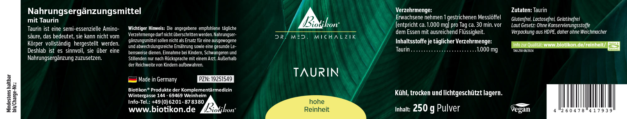 Nahrungsergänzungsmittel Taurin in Pulverform, 250 g, grüne Verpackung, seitliche Perspektive.