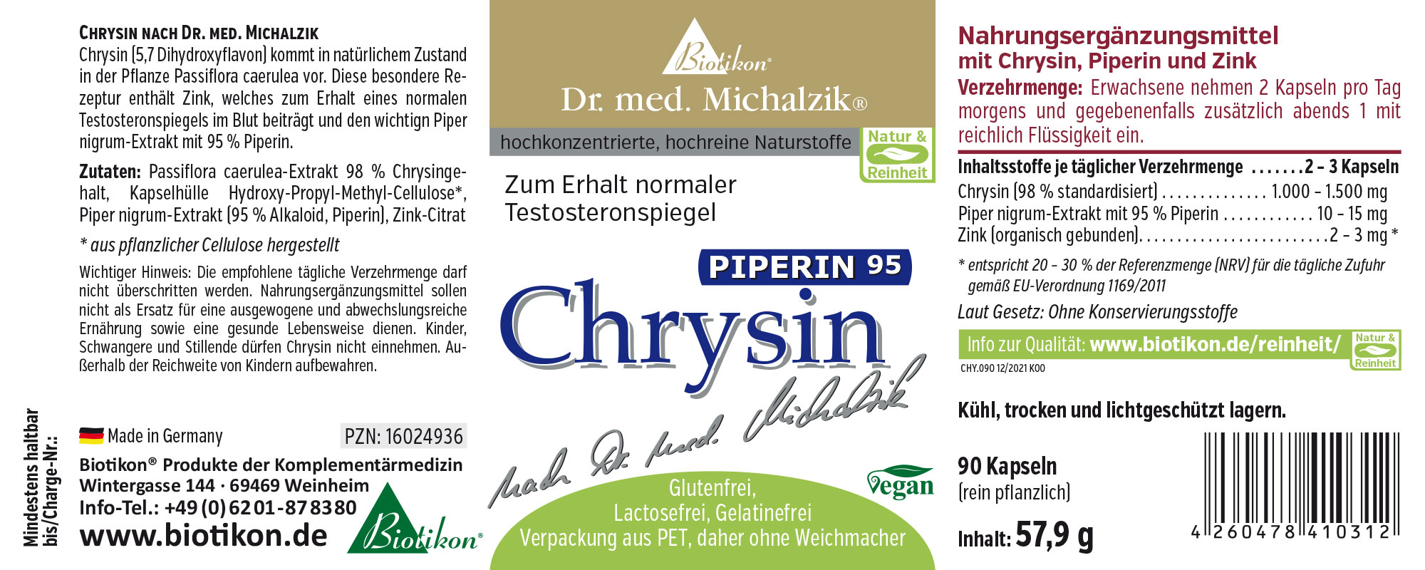 Nahrungsergänzungsmittel Chrysin, 90 Kapseln in PET-Verpackung, farbige Grafiken, detaillierte Inhaltsstoffe.