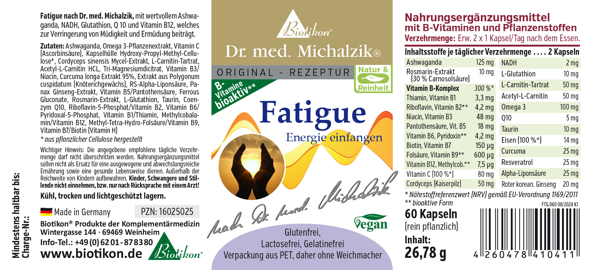 Nahrungsergänzungsmittel Fatigue in Kapseln, 60 Kapseln, vegane Verpackung aus PET, farbige Grafiken.