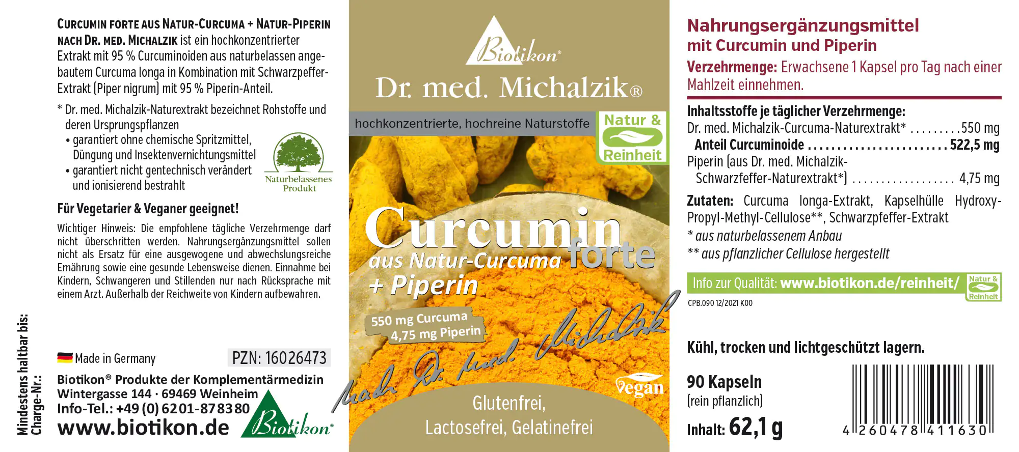 Nahrungsergänzungsmittel Curcumin aus Natur-Curcuma, 90 vegane Kapseln, Gelb-Orangene Verpackung, Sicht von vorne