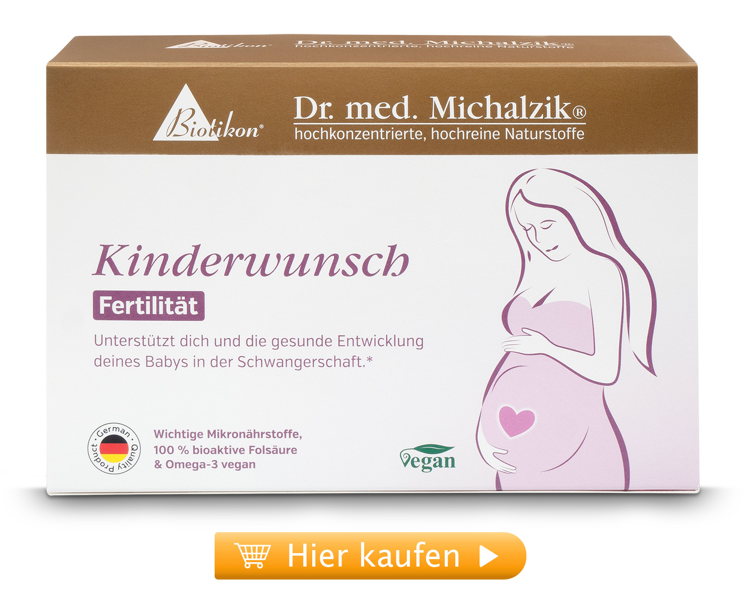 Verpackung für Kinderwunsch Fertilität mit 30 veganen Kapseln, in einer weißen Box mit lila Schrift und Illustration einer schwangeren Frau.