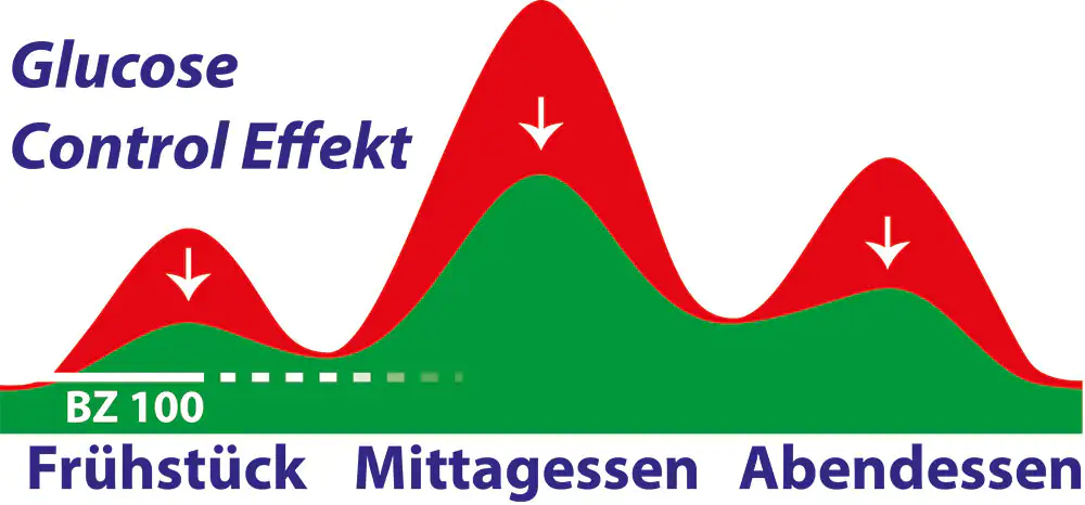Grafik zeigt den Glukose Kontroll Effekt über den Tag, mit Peaks zu den Mahlzeiten.