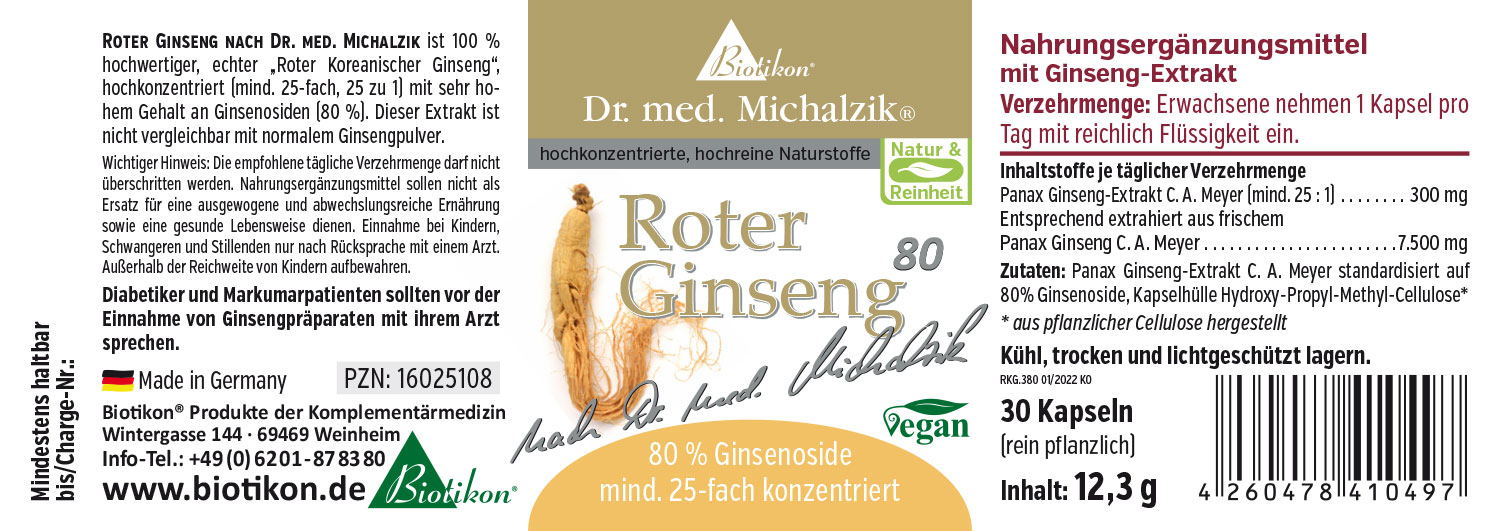 Roter Ginseng Nahrungsergänzungsmittel, 30 Kapseln, in transparenter Verpackung, pflanzlich.