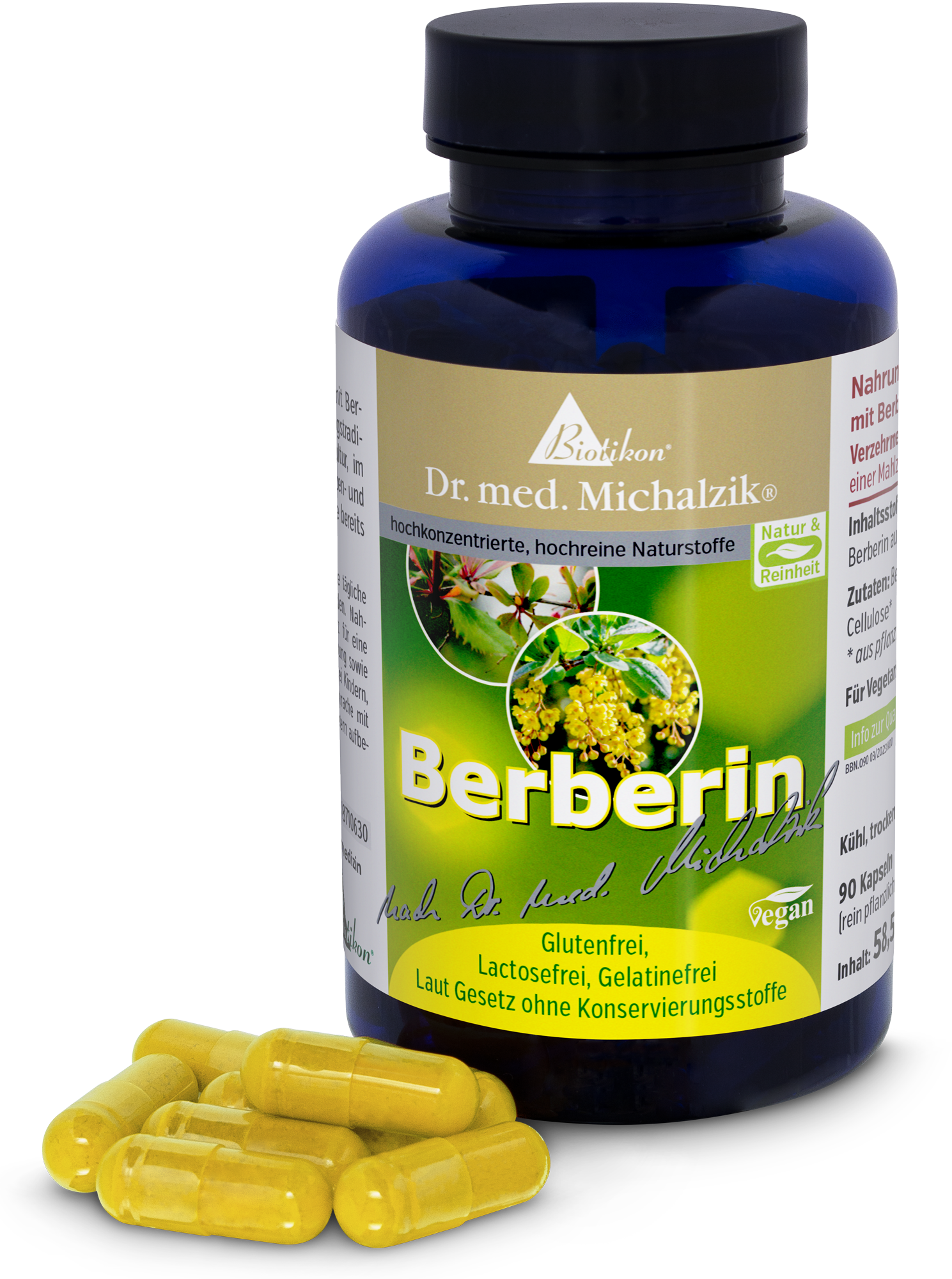 Berberin 90 Kapseln â vegan Berberin NahrungsergĂ€nzungsmittel, 90 gelbe Kapseln in blauer Flasche, seitliche Ansicht.
