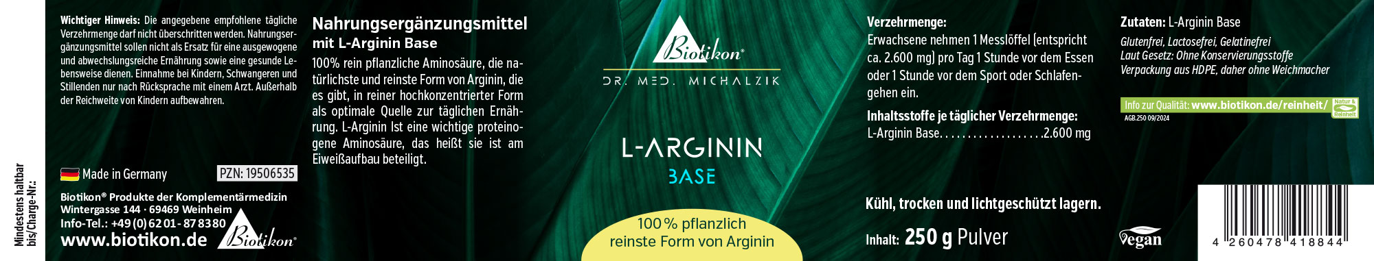 L-Arginin Nahrungsergänzungsmittel, 250 g Pulver, grüne Verpackung, seitliche Ansicht.