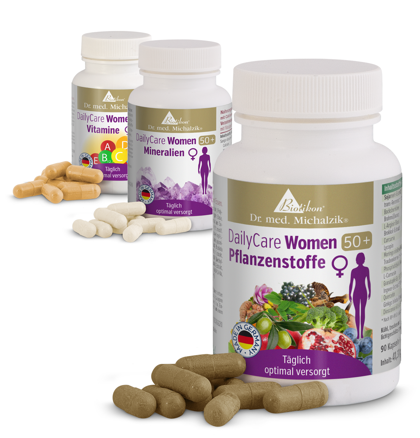 Ergänzungsmittel DailyCare Women 50+ Pflanzenstoffe in einer weißen Flasche mit 90 Kapseln, braun und cremefarben, auf einem neutralen Hintergrund.