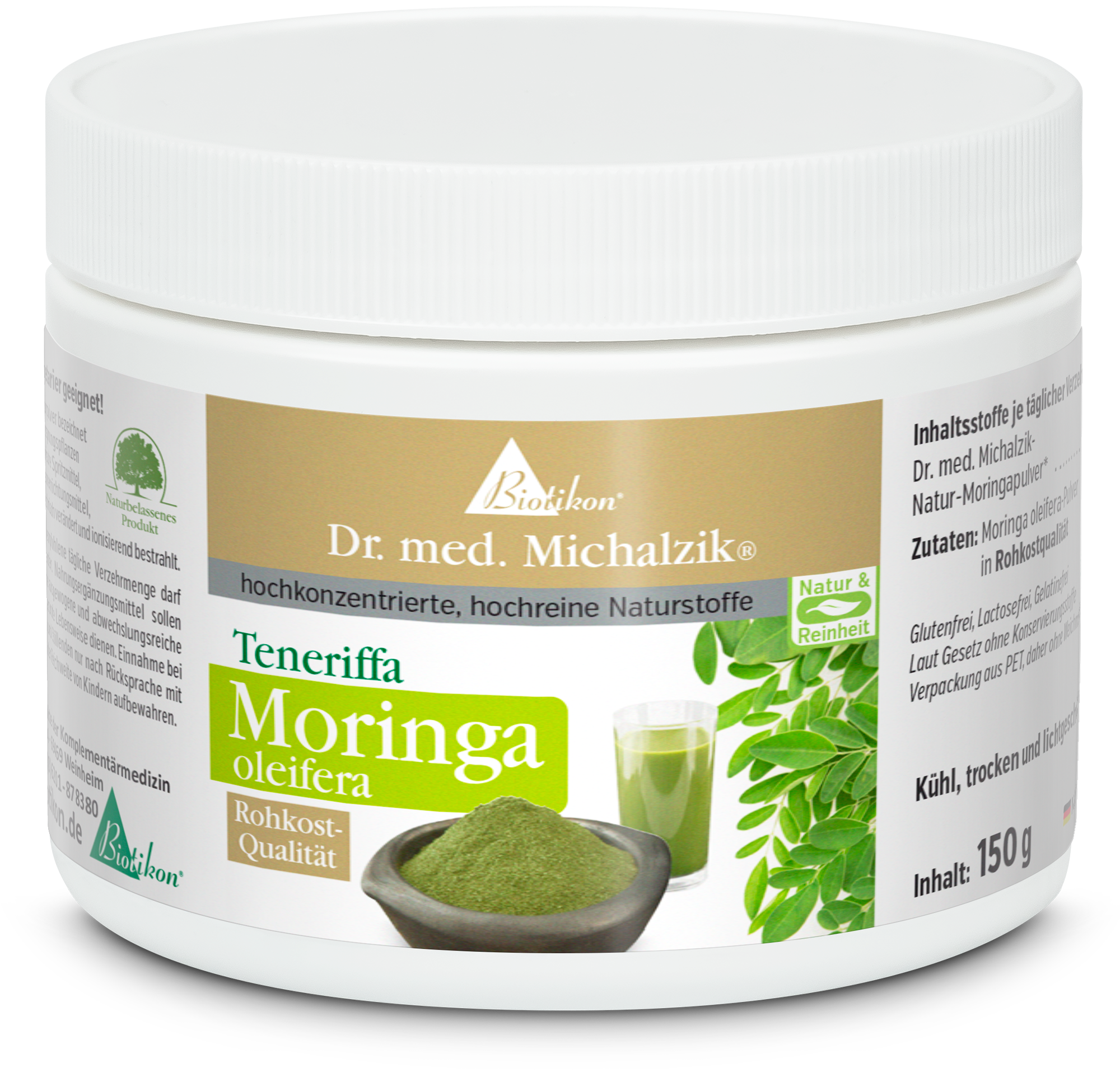 Moringa Oleifera Pulver in einer Weißem Dose, 150 g, mit grünem Aufdruck und Schale, zeigt Pulver und Getränk.