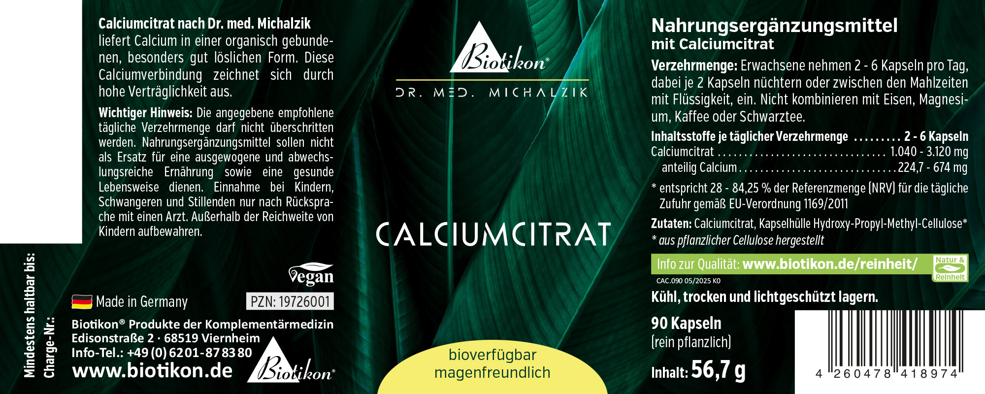 Nahrungsergänzungsmittel Calciumcitrat in veganen Kapseln, Verpackung zeigt 90 Kapseln und Inhaltsangaben.