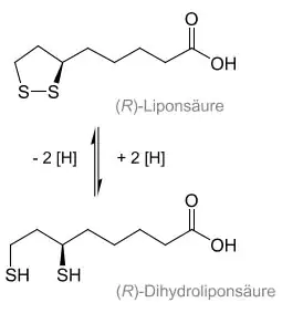 Chemische Strukturformel von Liponsäure und Dihydroliponsäure, dargestellt in schwarz-weiß.