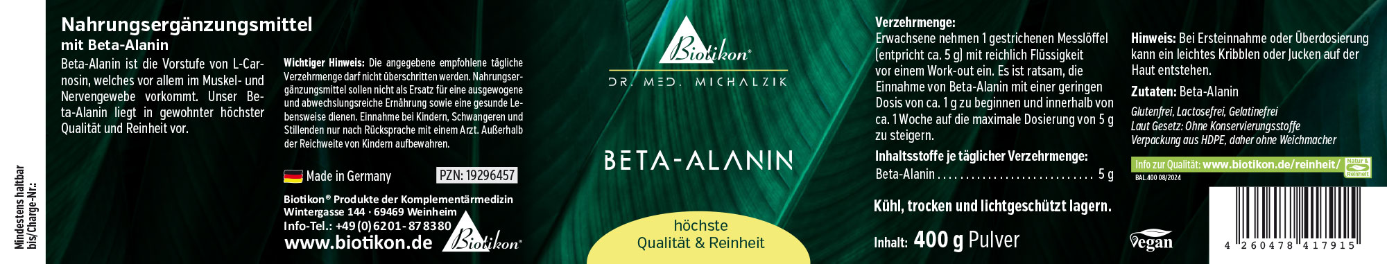Nahrungsergänzungsmittel Beta-Alanin in 400 g Pulververpackung, grünliches Design.