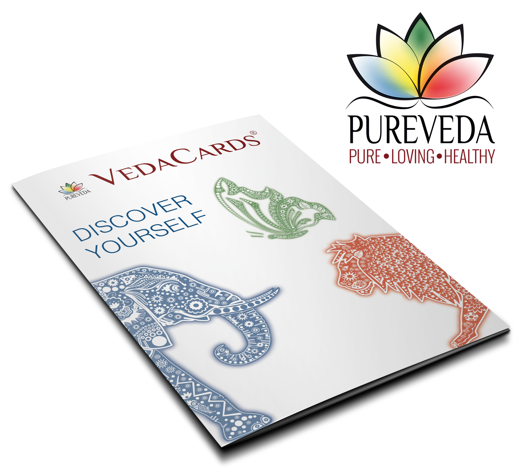 VedaCards, Kartenset, inspirierendes Design, Elefant und Löwe, bunt, 3D-Perspektive