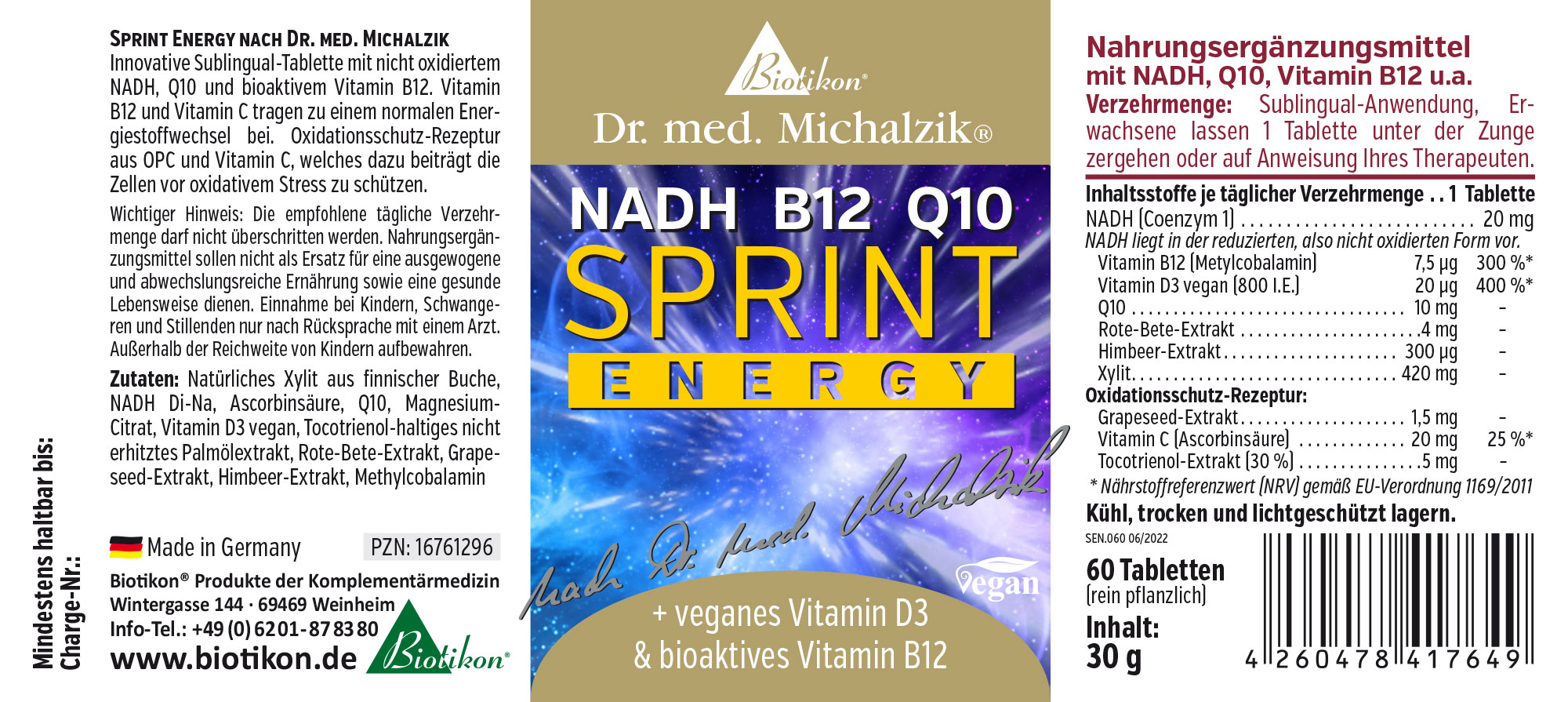 Nahrungsergänzungsmittel in einer Verpackung mit 60 Sublingual-Tabletten, die NADH, Q10 und Vitamin B12 enthalten, vegan, 30 g.