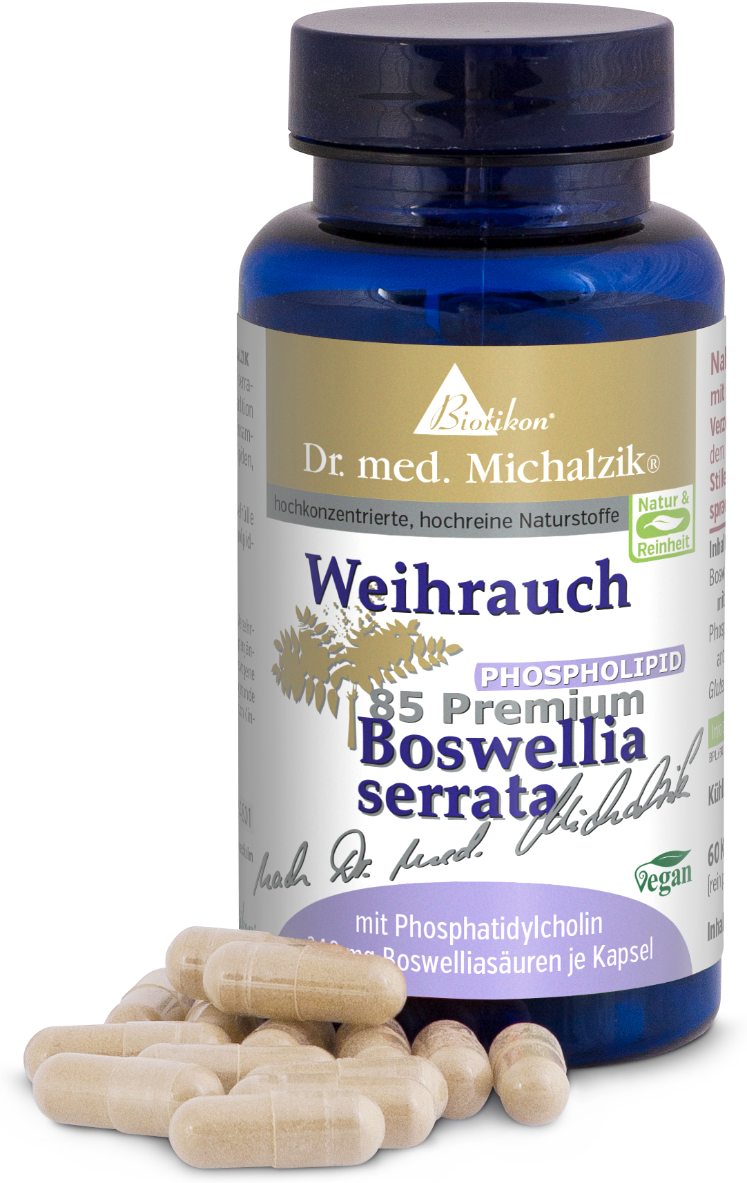 Braune Kapseln in einer blauen Flasche, 60 Stück, Verpackung zeigt Produkteigenschaften.