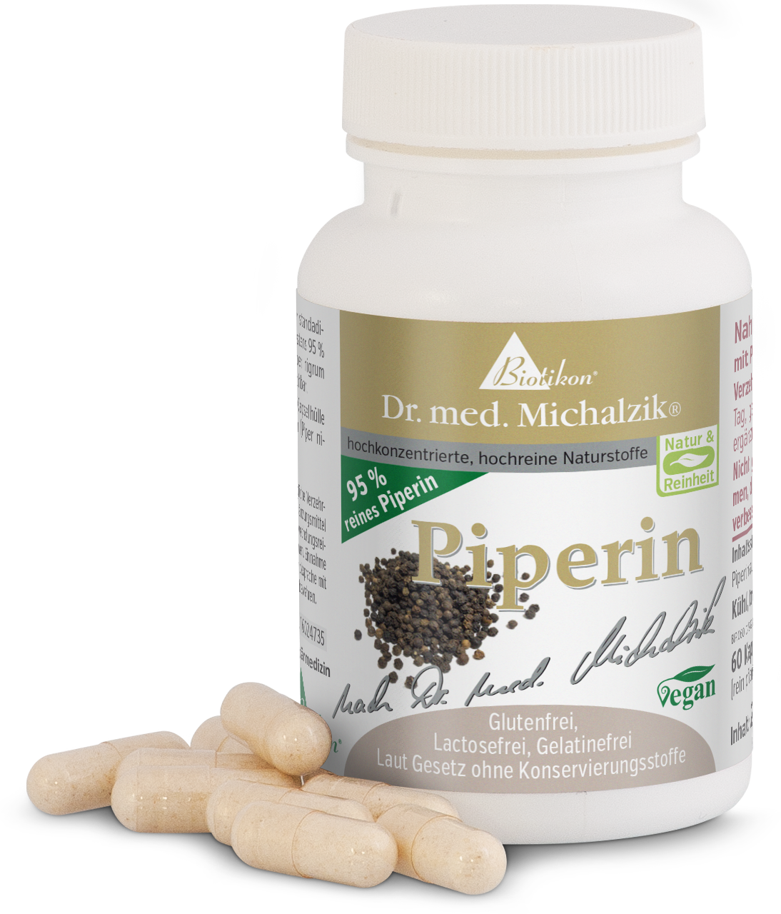 Piperin 95 % – 60 Kapseln Piperin Kapseln, 60 Stück, vegane Kapselhülle, in weißem Fläschchen auf hellem Untergrund.
