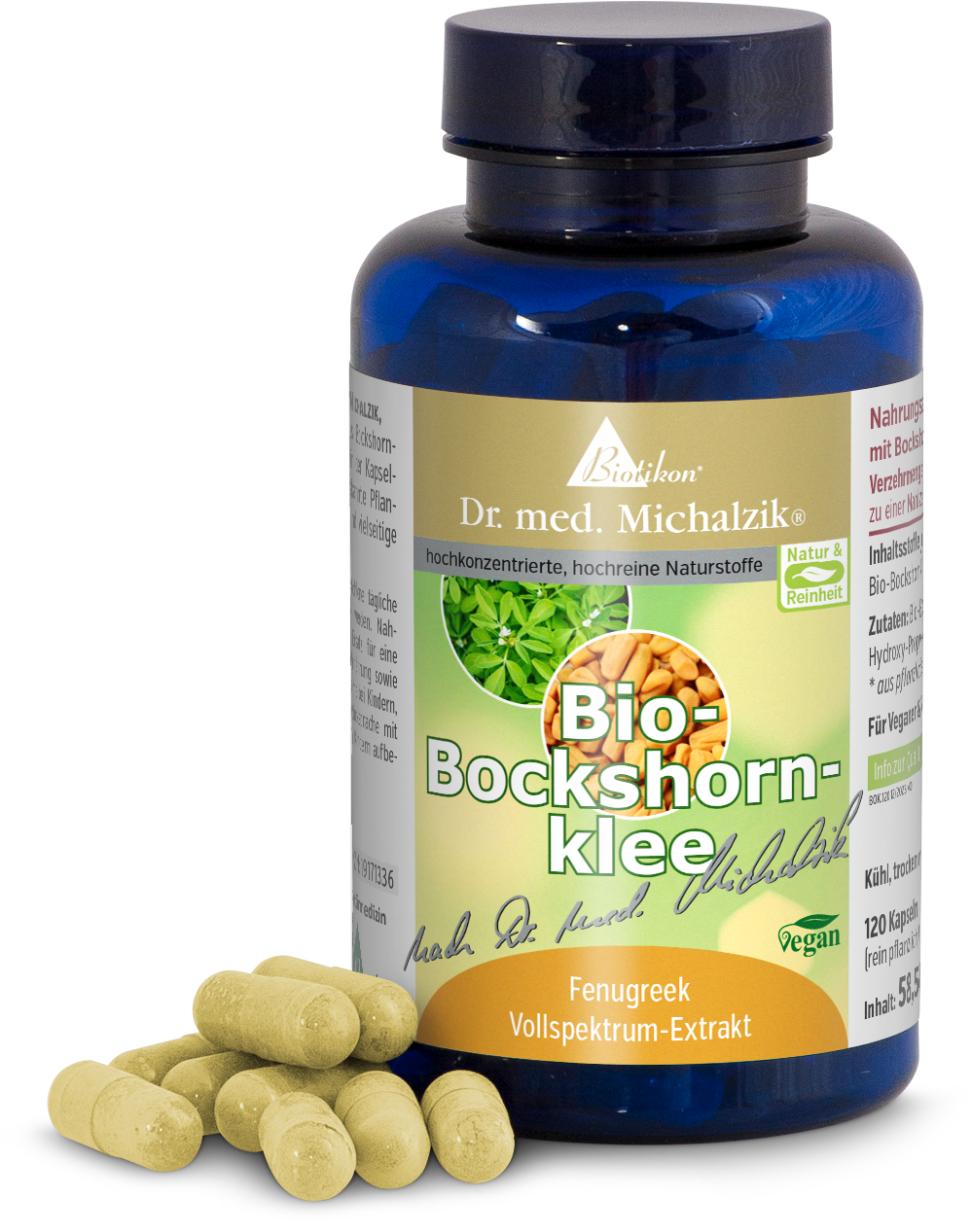 Bio-Bockshornklee 120 Kapseln – Vollspektrum-Extrakt Flasche mit Bio-Bockshornklee-Vollspektrum-Extrakt, 120 gelbliche Kapseln, in blauer Verpackung, seitliche Ansicht.