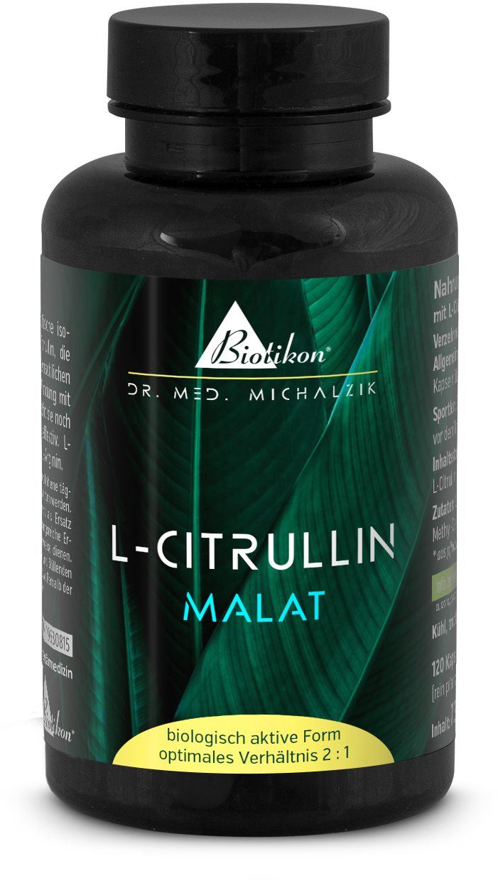 L-Citrullin Malat – 120 Kapseln L-Citrullin Malat in schwarzer Kunststoffflasche, 120 Kapseln, biologisch aktive Form, grüne Blätter im Hintergrund.