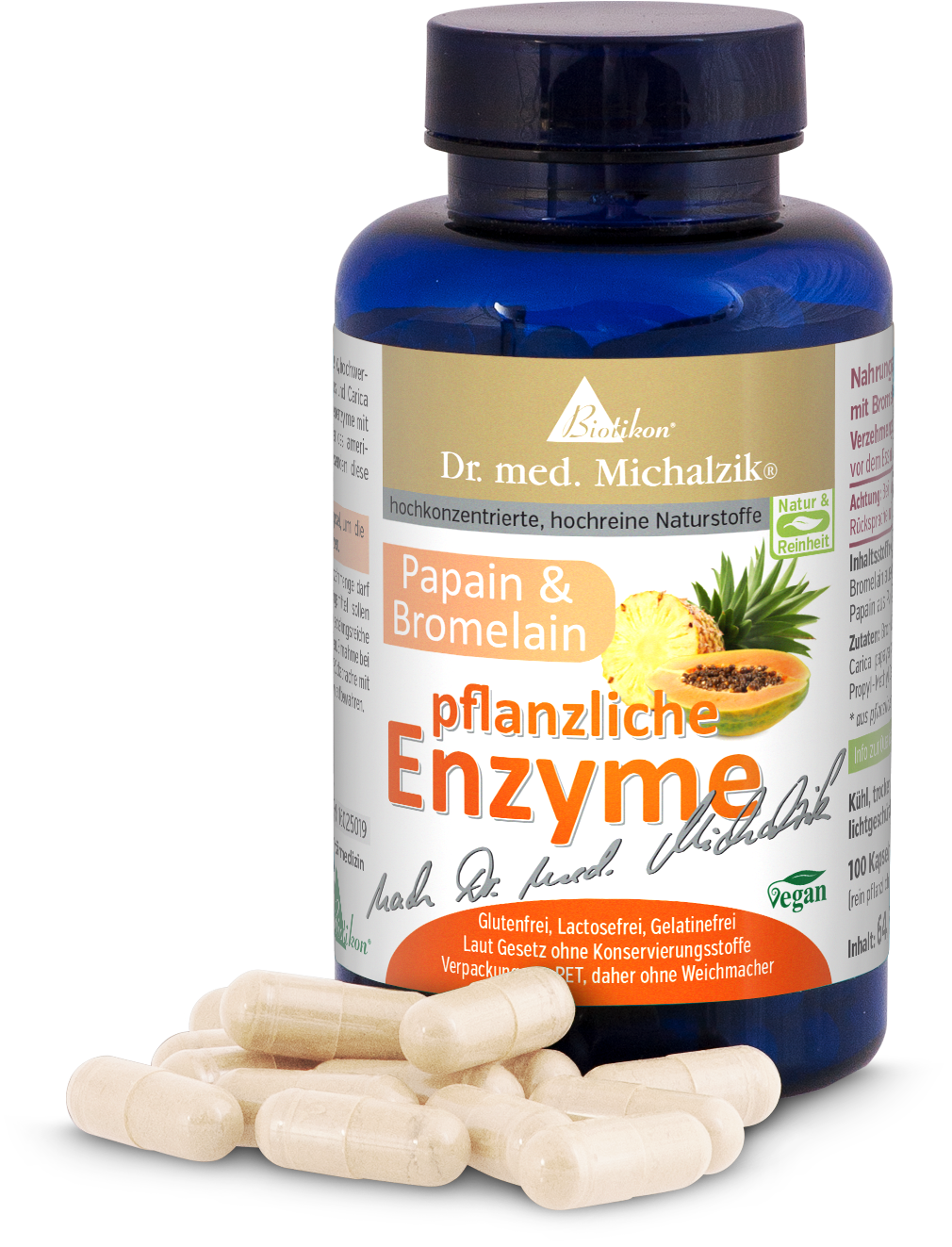 Pflanzliche Enzyme – 100 Kapseln Blaue Flasche mit 100 Kapseln, enthält Papain und Bromelain, vegan, glutenfrei.