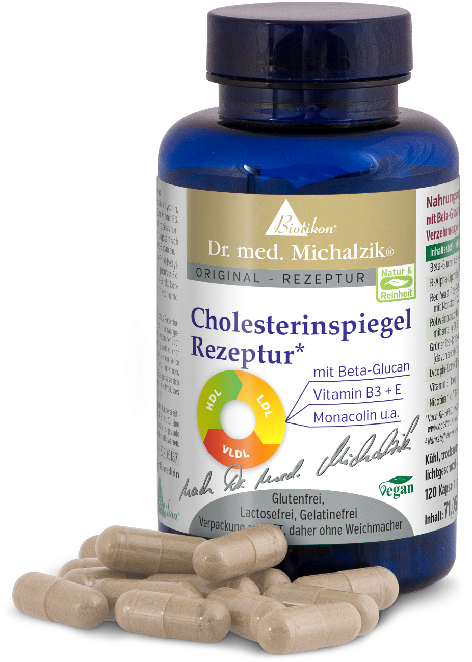 Cholesterinspiegel Rezeptur – 90 Kapseln Kapseln für Cholesterinspiegel Rezeptur, 90 Kapseln in blauer Flasche, vegan, glutenfrei.