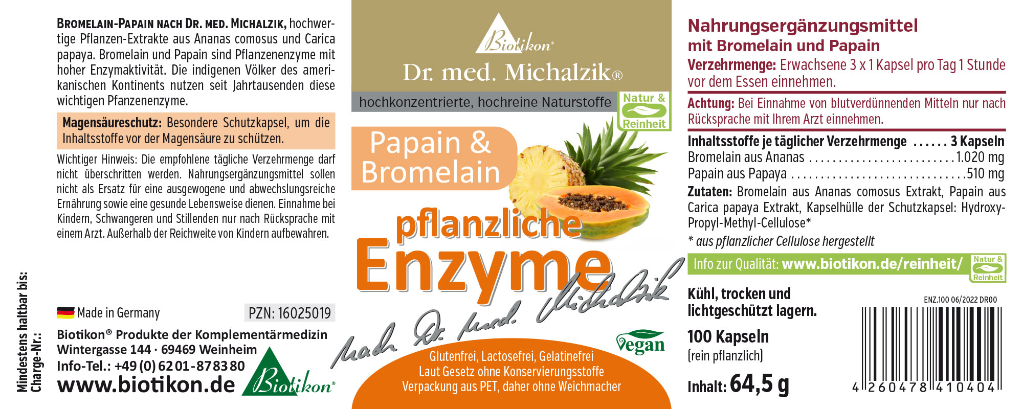Nahrungsergänzungsmittel mit Bromelain und Papain, 100 Kapseln, Verpackung in leichtem PET.