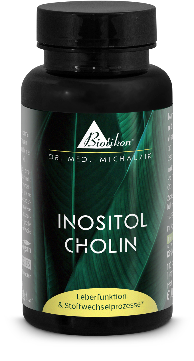 Inositol Cholin – Kapseln 100 Stück Blaue Flasche mit Inositol Cholin Kapseln, 100 Stück, neben Kapseln auf weißem Hintergrund.