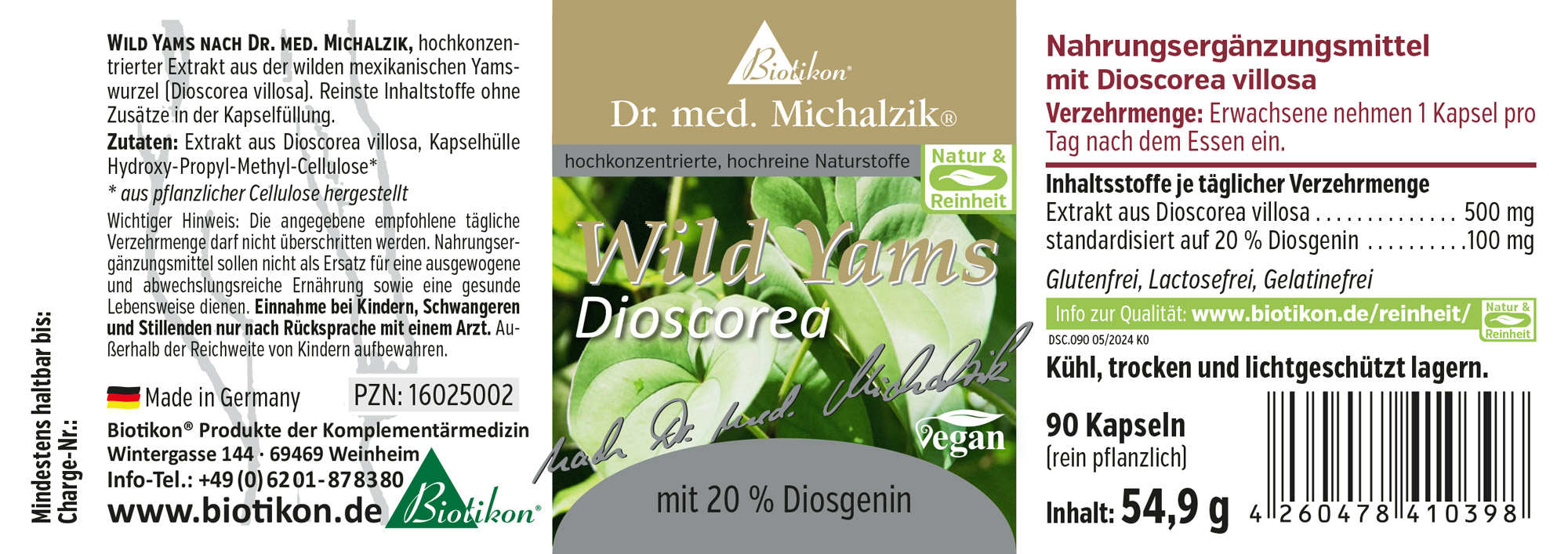 90 Kapseln Wild Yams mit 20 % Diosgenin, hochkonzentrierter Extrakt, vegan, in einer hellen Verpackung.