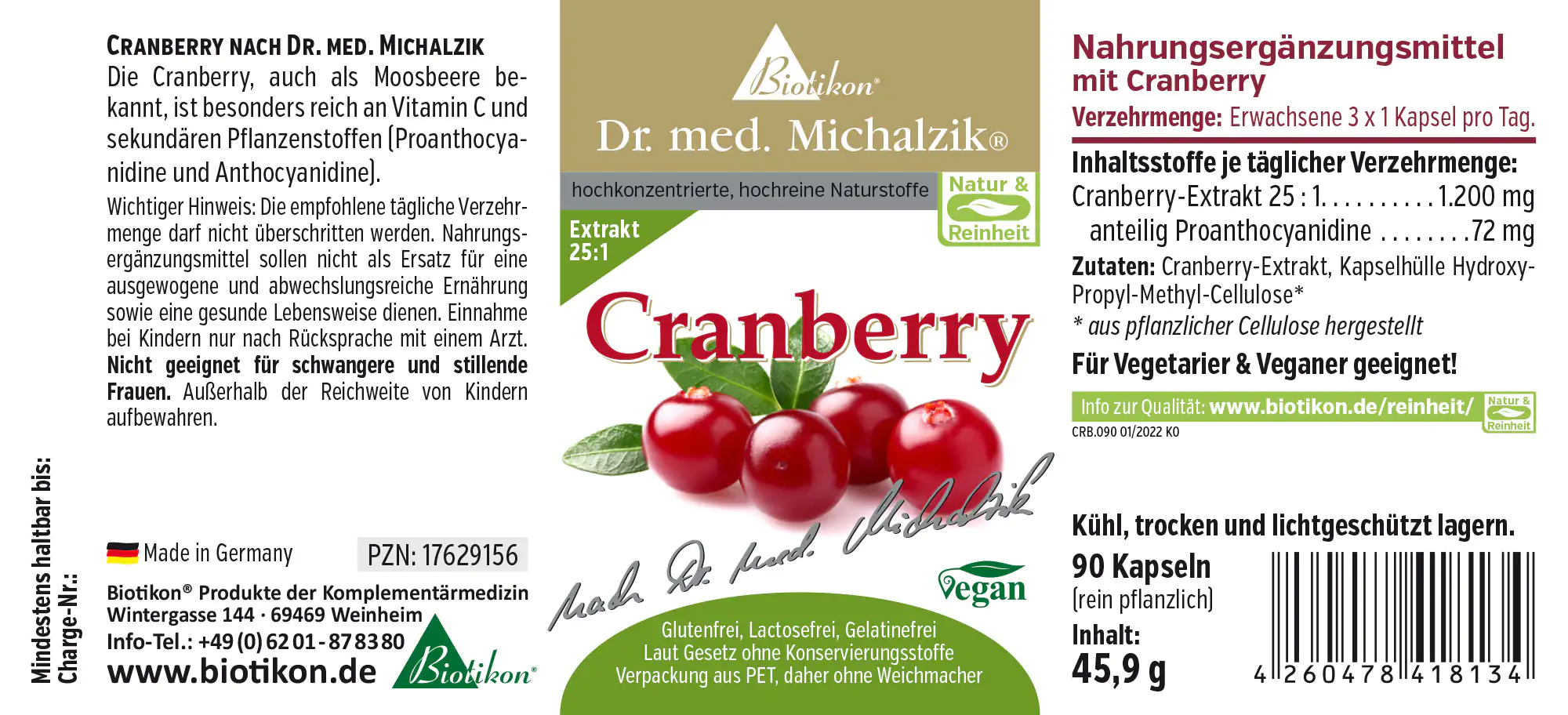 Cranberry Nahrungsergänzungsmittel, 90 vegane Kapseln, grüne Verpackung, deutschsprachige Produktbeschreibung.