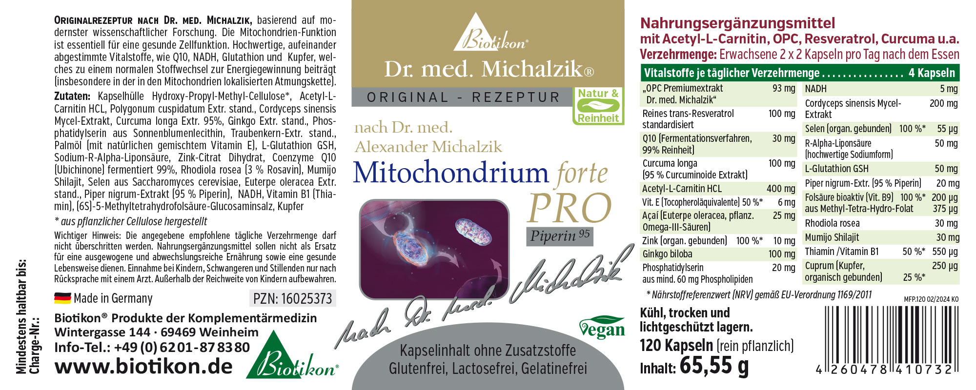 Nahrungsergänzungsmittel Mitochondrium forte PRO in einer Packung mit 120 pflanzlichen Kapseln, vegan und glutenfrei.