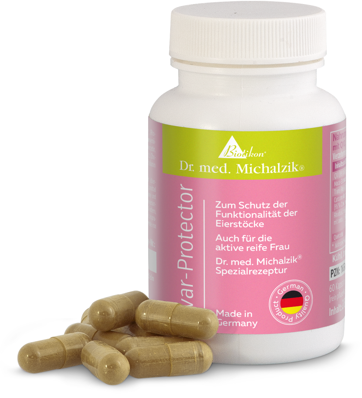 Eivar-Protector, Kapseln in rosa Flasche, 60 Stück, aus Deutschland, auf weißem Hintergrund.