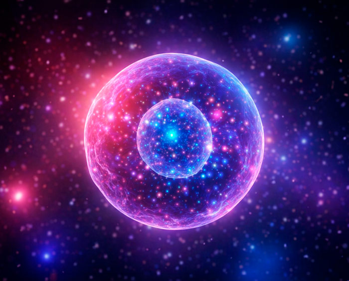 Leuchtende, kugelförmige Zelle mit hellem Kern, umgeben von schimmernden Farben in einem kosmischen Hintergrund.