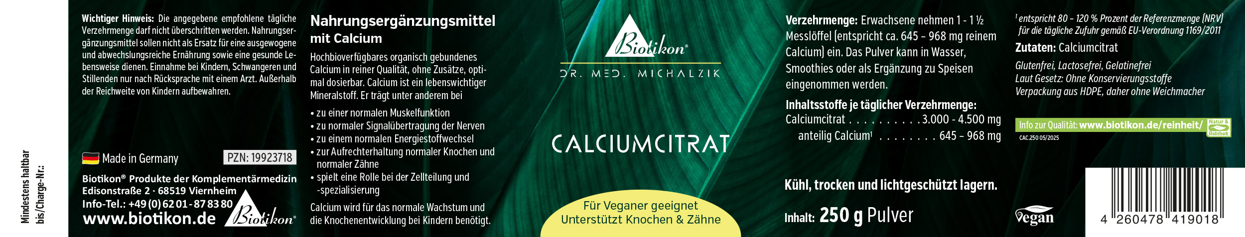 Nahrungsergänzungsmittel Calciumcitrat in 250 g Dose, grüne Verpackung, Pulverform.