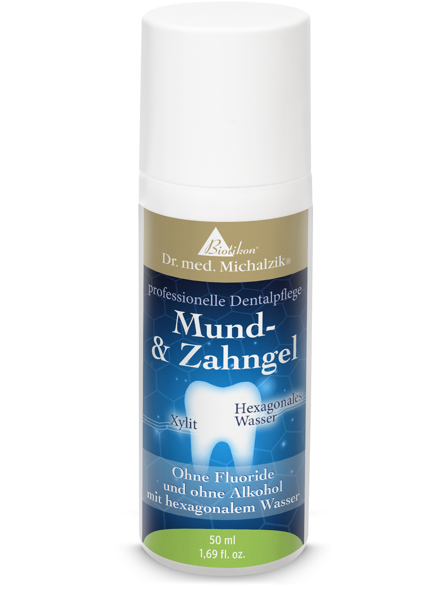 Mund- & Zahngel in Sprühflasche, 50 ml, mit Xylit und hexagonalem Wasser, blau und weiß.