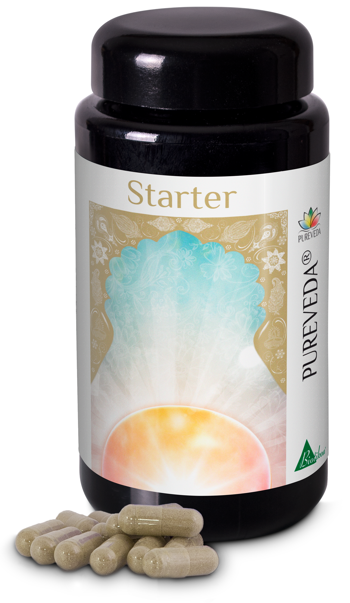 Schwarze Flasche mit Kapseln, beige und goldfarbene Verpackung, 60 Kapseln, perspektivische Ansicht.