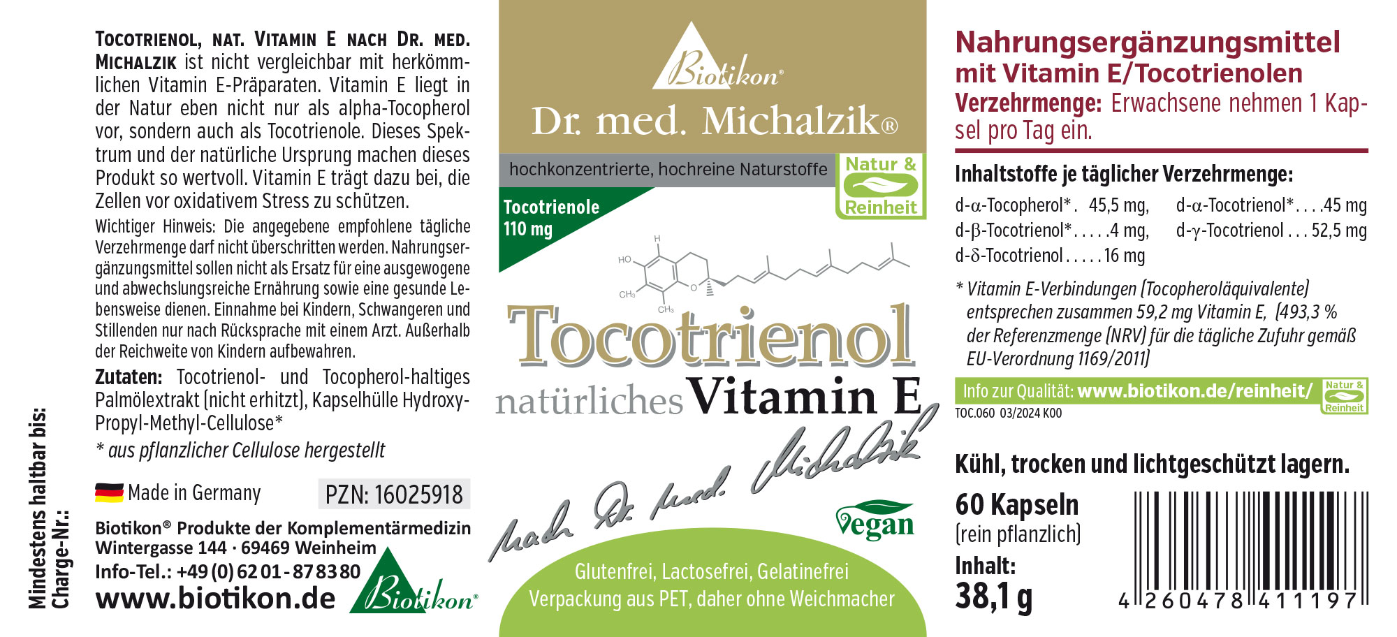 Tocotrienol Nahrungsergänzungsmittel in einer Packung mit 60 Kapseln, vegan, grau-weiße Farbkombination.