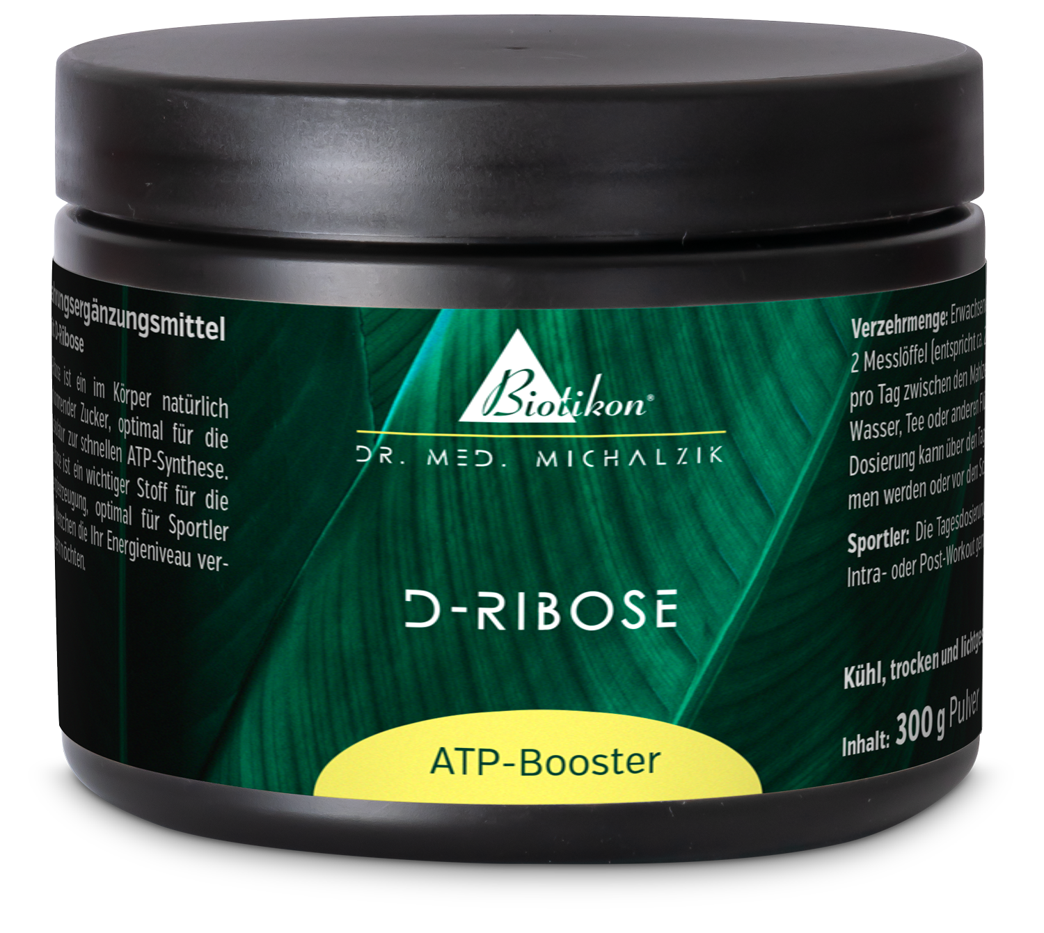 D-Ribose ATP-Booster – 300 g Pulver Schwarzer Behälter mit grünem Etikett, 300 g D-Ribose Pulver, sportliche Nahrungsergänzung, Sicht von vorne.