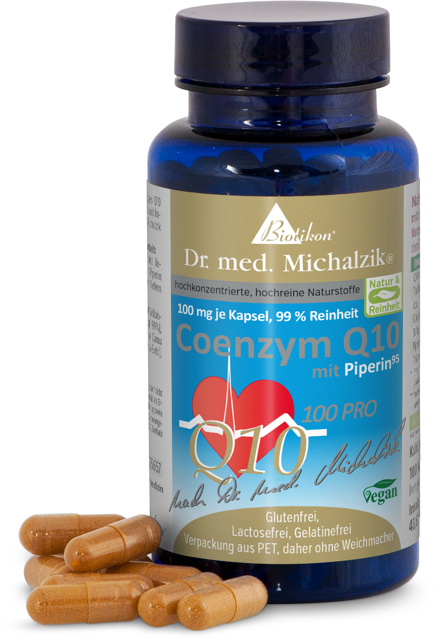 Flasche mit Coenzym Q10 Kapseln, 100 mg, blaue Verpackung, sieben Kapseln vorne, vegan.