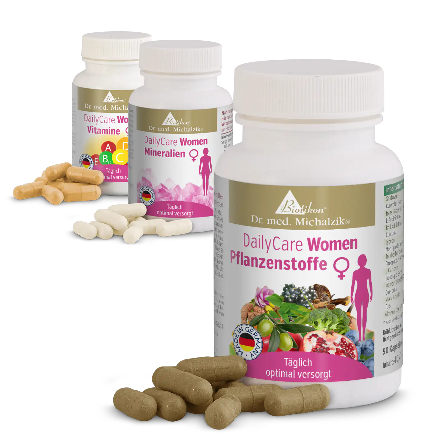 DailyCare Women Pflanzenstoffe in einer weißen Flasche, 90 Kapseln in brauner Farbe, gut sichtbar.