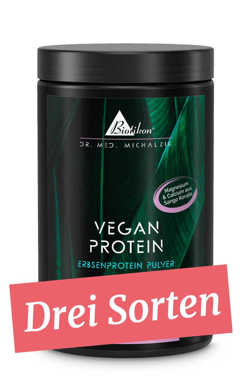Protein Pulver – Drei Sorten Weißer Behälter mit lila Design, Proteinpulver, 500 g, drei verschiedene Sorten.