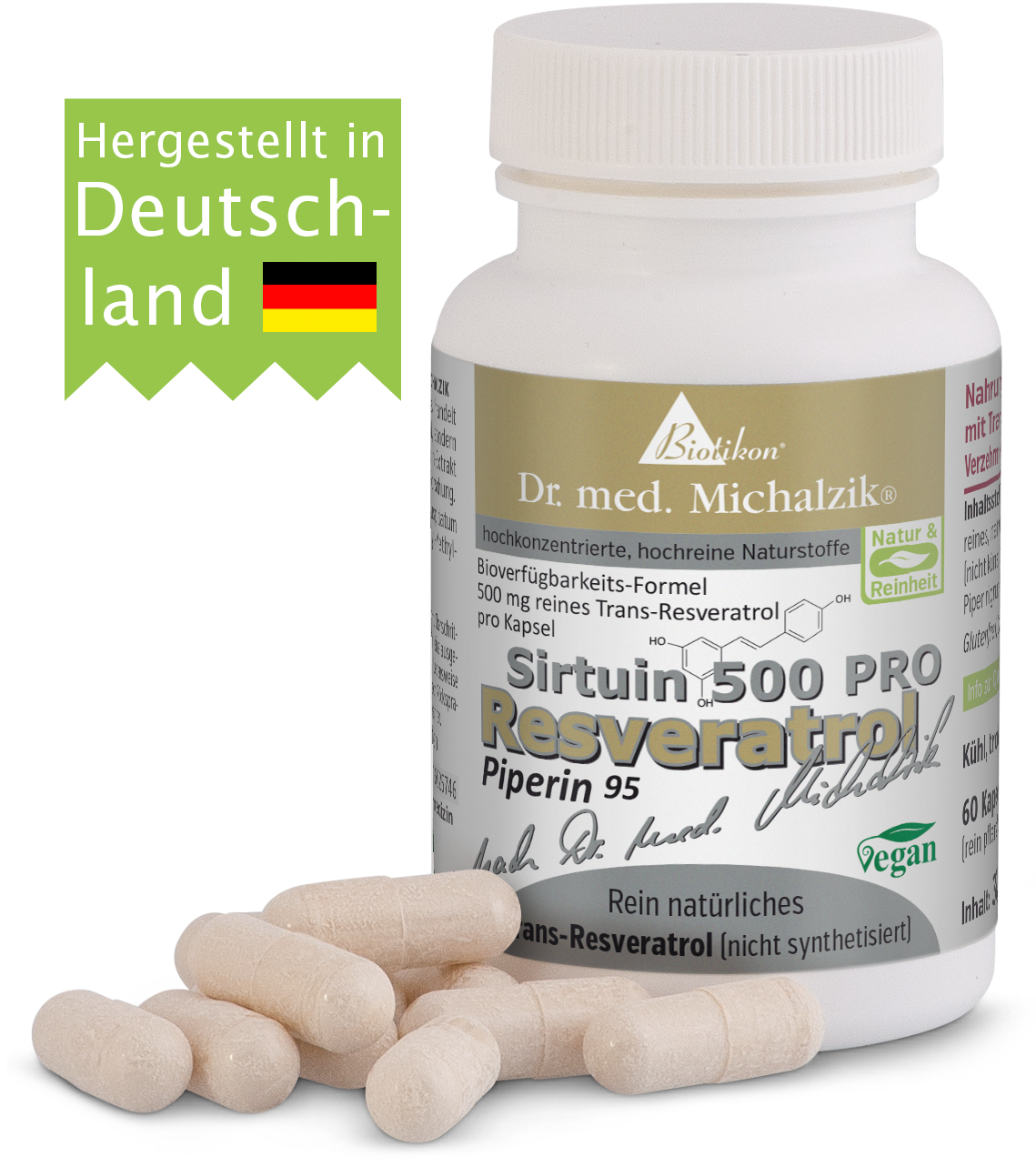 Weißes Kapsel-Fläschchen mit 500 mg Trans-Resveratrol, 60 Kapseln, vegan.