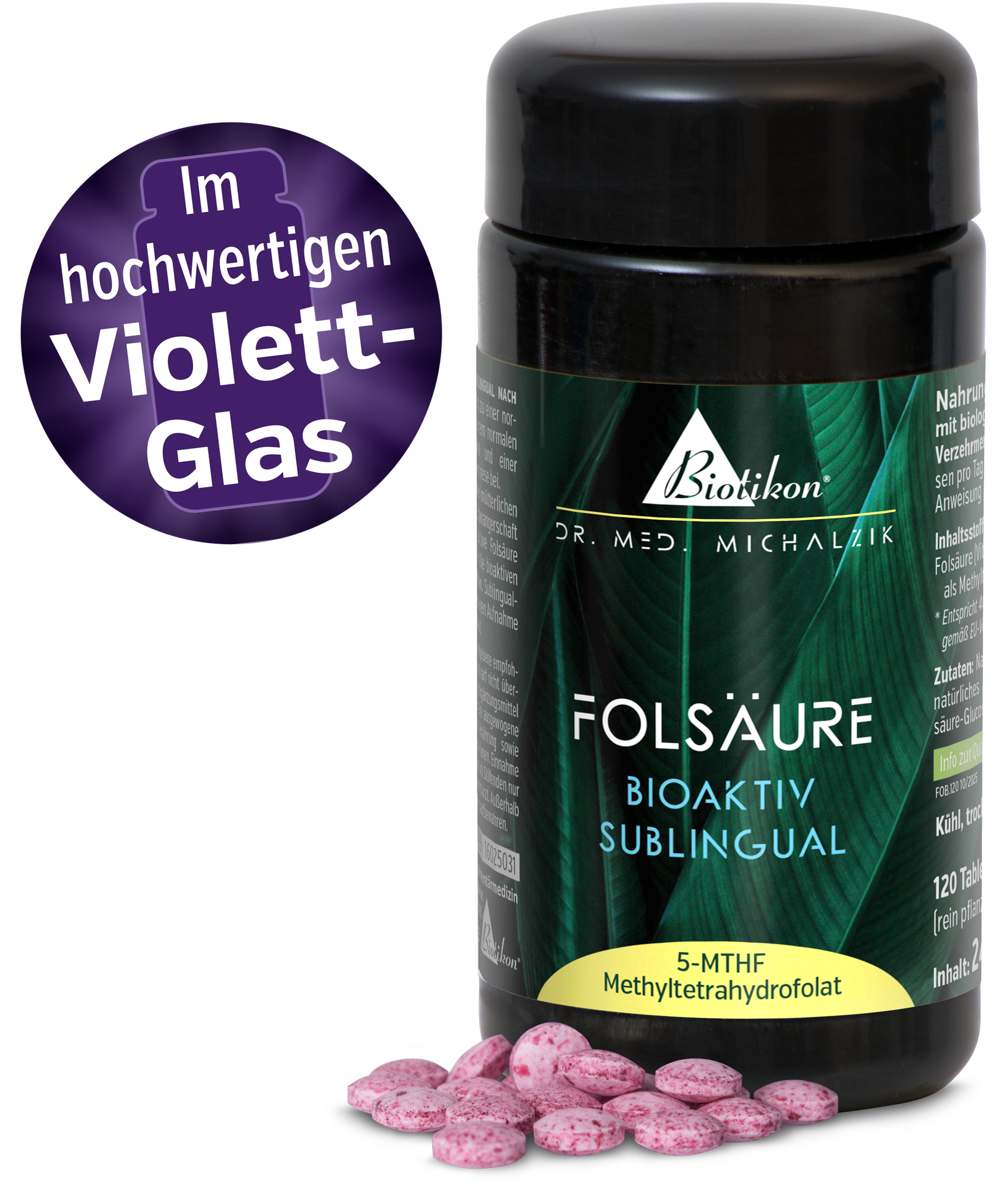 Folsäure bioaktiv sublingual-Dose im hochwertigen Violettglas Folsäure-Kapseln im violetten Glasbehälter, 120 Stück, pinke Kapseln auf dem Tisch.