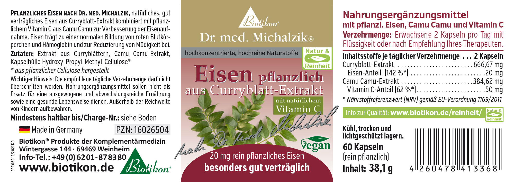 60 Kapseln mit pflanzlichem Eisen aus Curryblatt-Extrakten und Vitamin C, in einfacher Sicht auf die Verpackung.